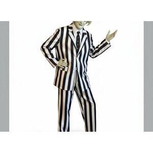 Beetlejuice Black & White Striped Suit Set Costume With Shirt Tie Wig Cap & Make